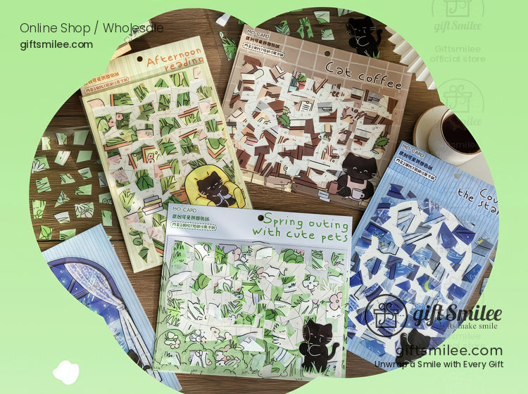Cute pet-themed sticker sheets set – spring outing, cat coffee, afternoon tea, and blue bird designs – kawaii stationery by Giftsmilee for journaling and scrapbooking