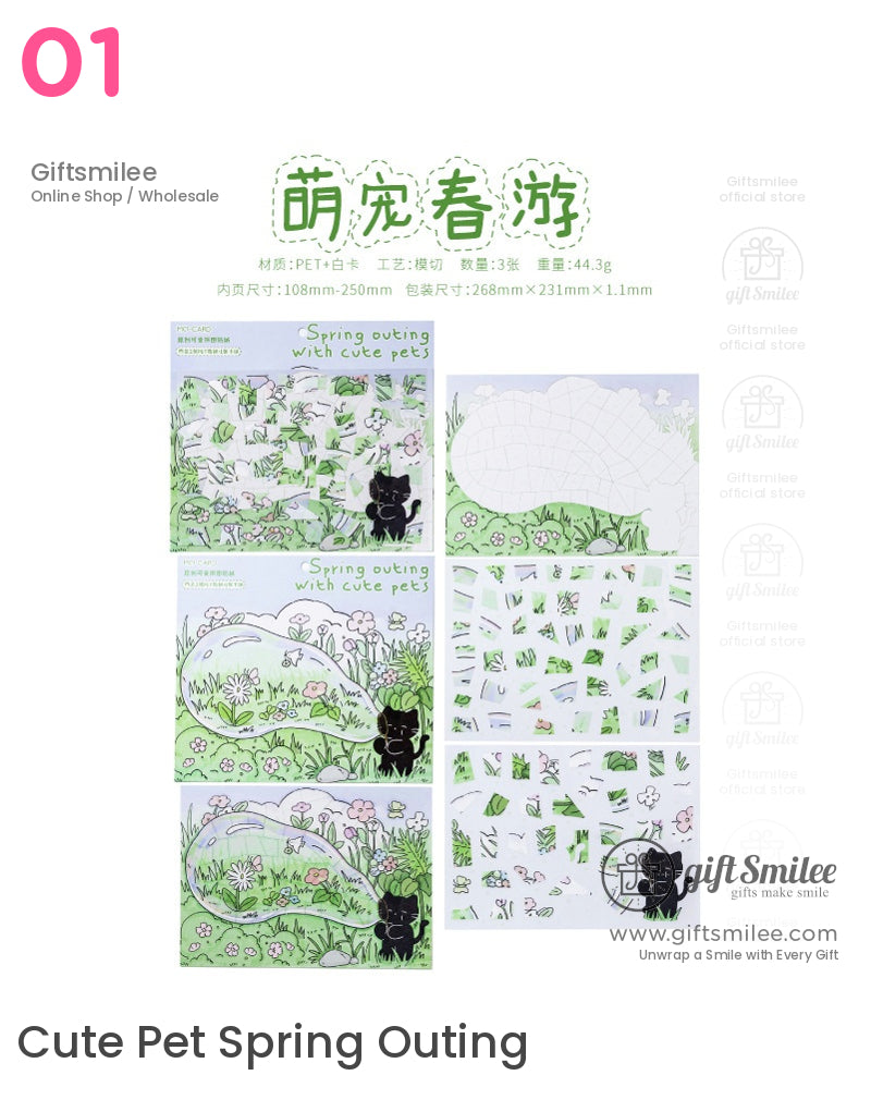 “Giftsmilee Cute Pet Spring Outing sticker set – green meadow design with black cat and flowers, PET + cardstock, 3 sheets for scrapbooking and journaling”
