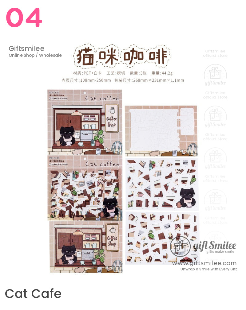 Cat Cafe sticker set – cute black cat barista in coffee shop, PET paper journaling stickers by Giftsmilee for planners and scrapbooking