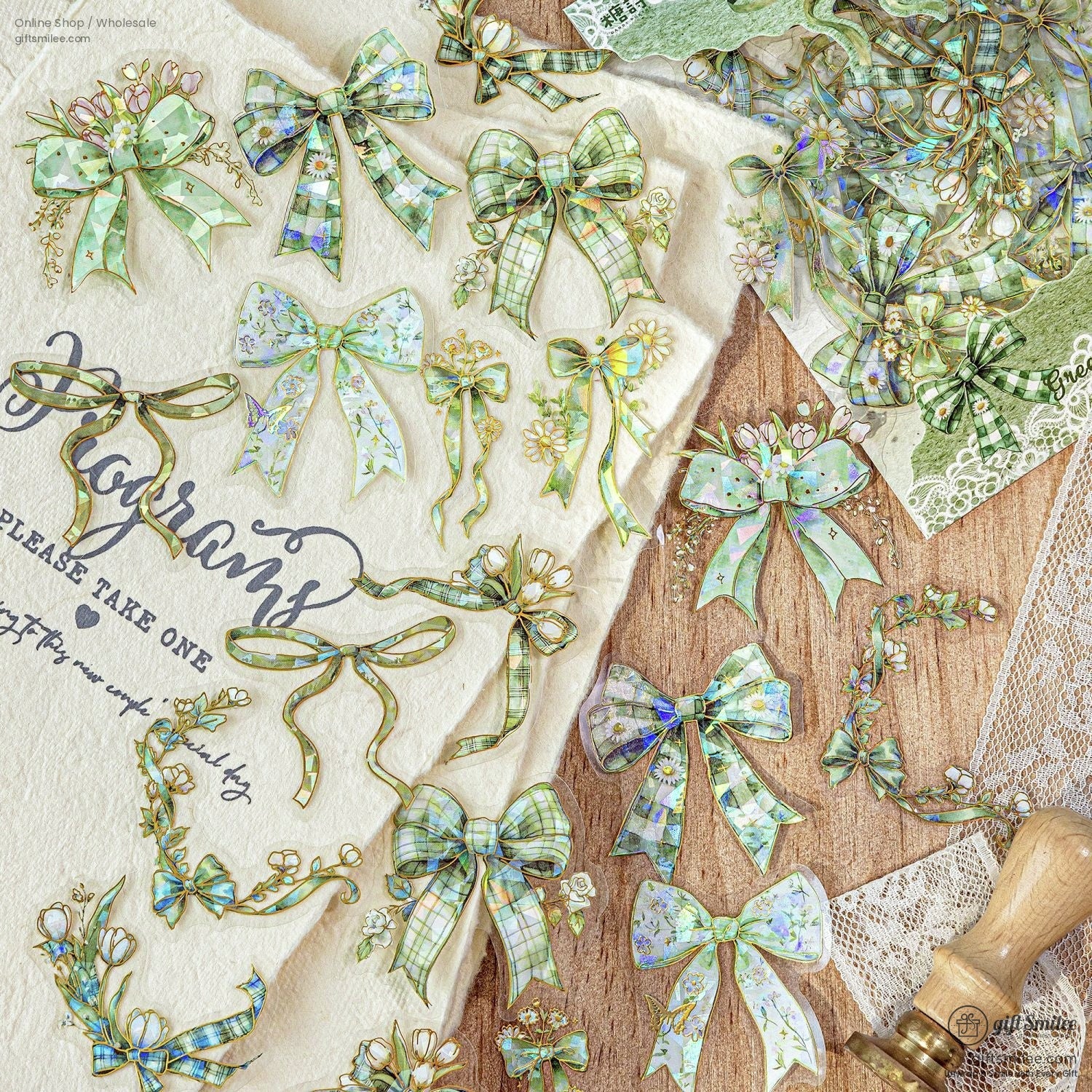 Green plaid and floral bow sticker set on rustic kraft and lace background for scrapbooking and gift wrapping