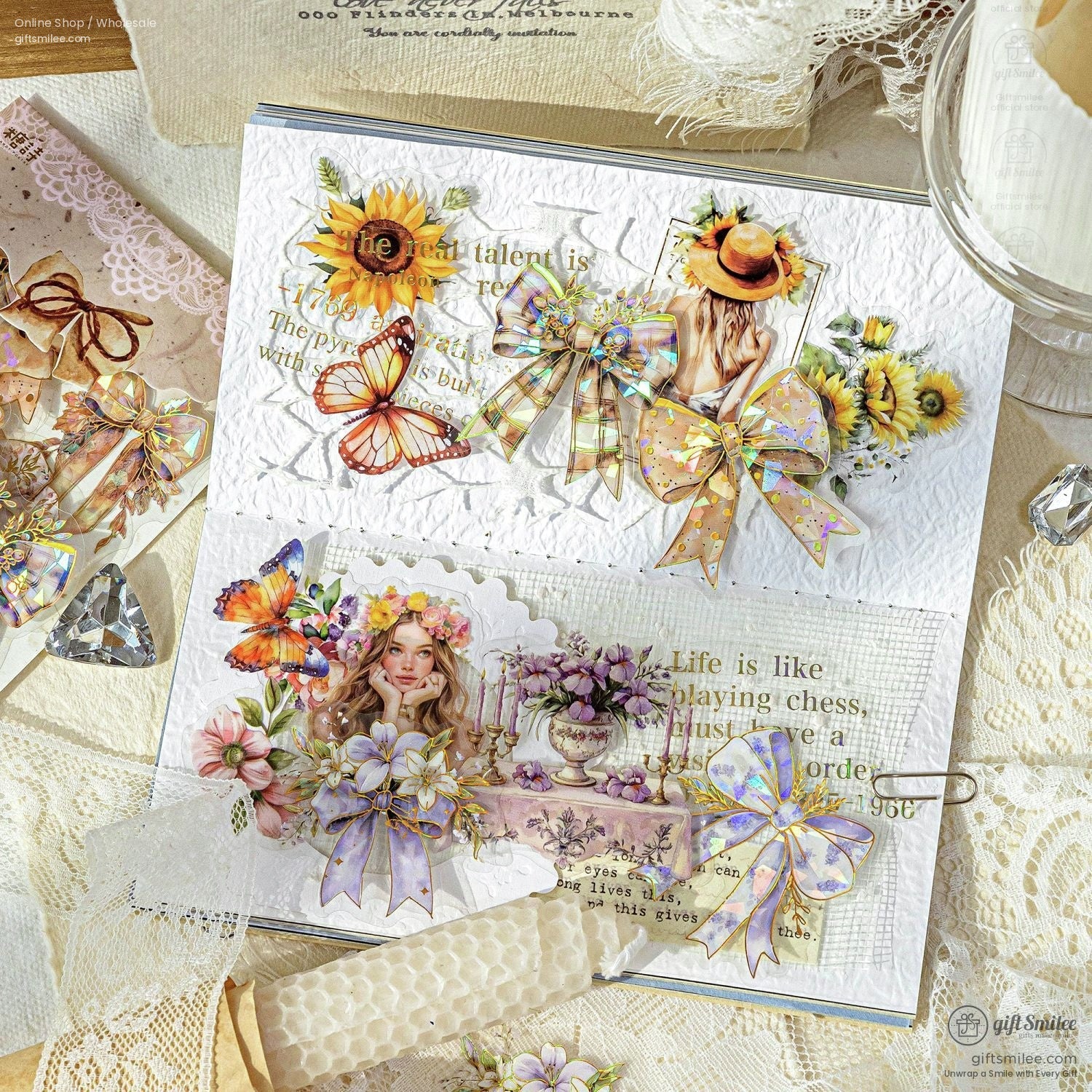 Vintage scrapbooking stickers with holographic bows, butterflies, and florals on lace background for DIY journaling and crafts