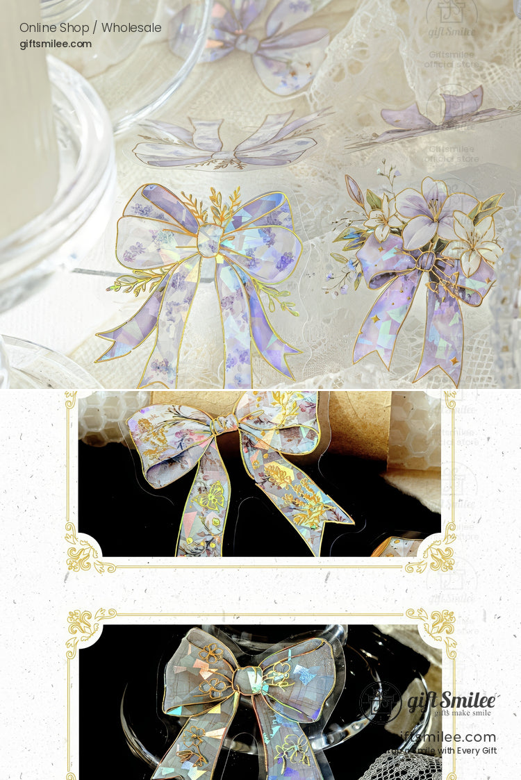 Holographic floral ribbon bow stickers with gold foil accents on lace background for scrapbooking and gift wrapping