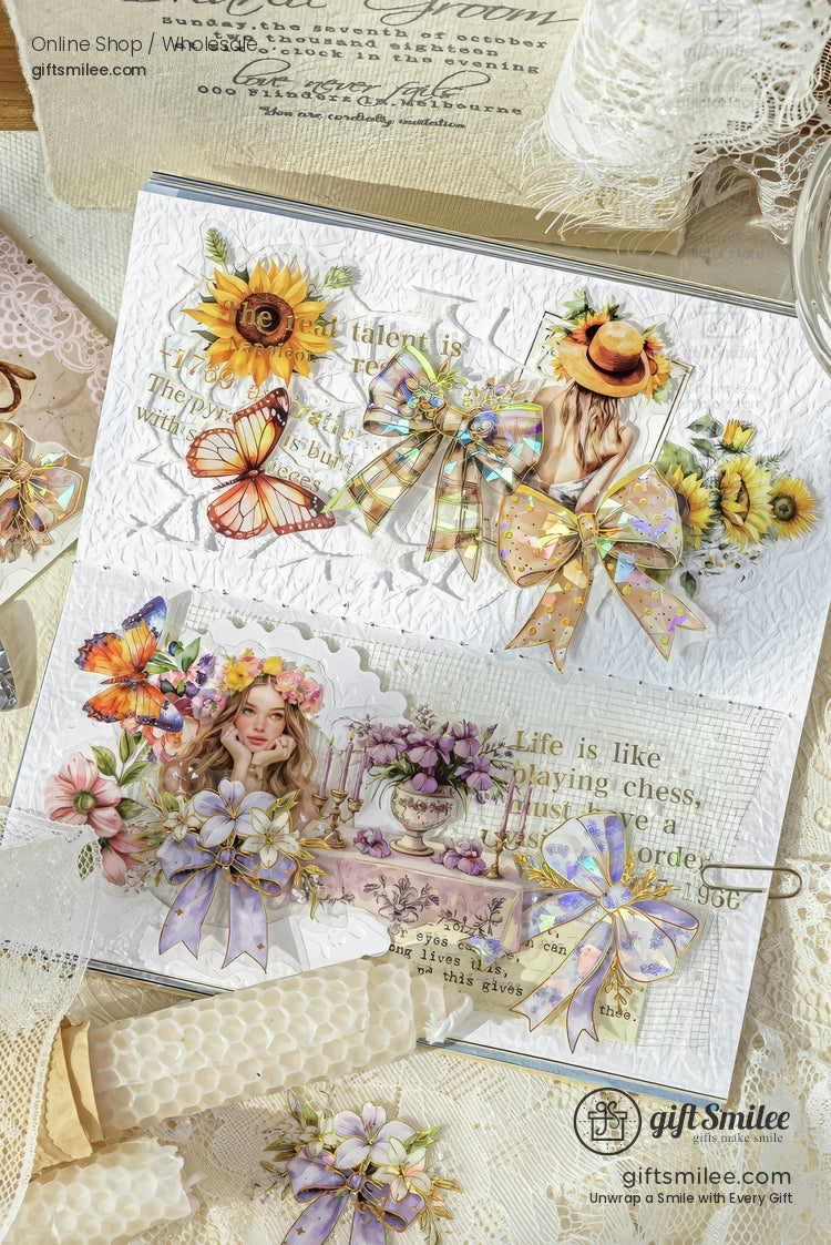 Vintage floral scrapbook stickers with sunflowers, butterflies, pastel bows, and feminine illustrations on textured paper by giftSmilee
