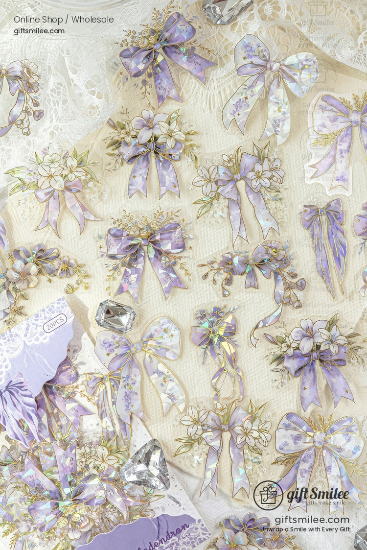 Pastel purple floral bow stickers with gold accents on lace background from giftsmilee stationery collection