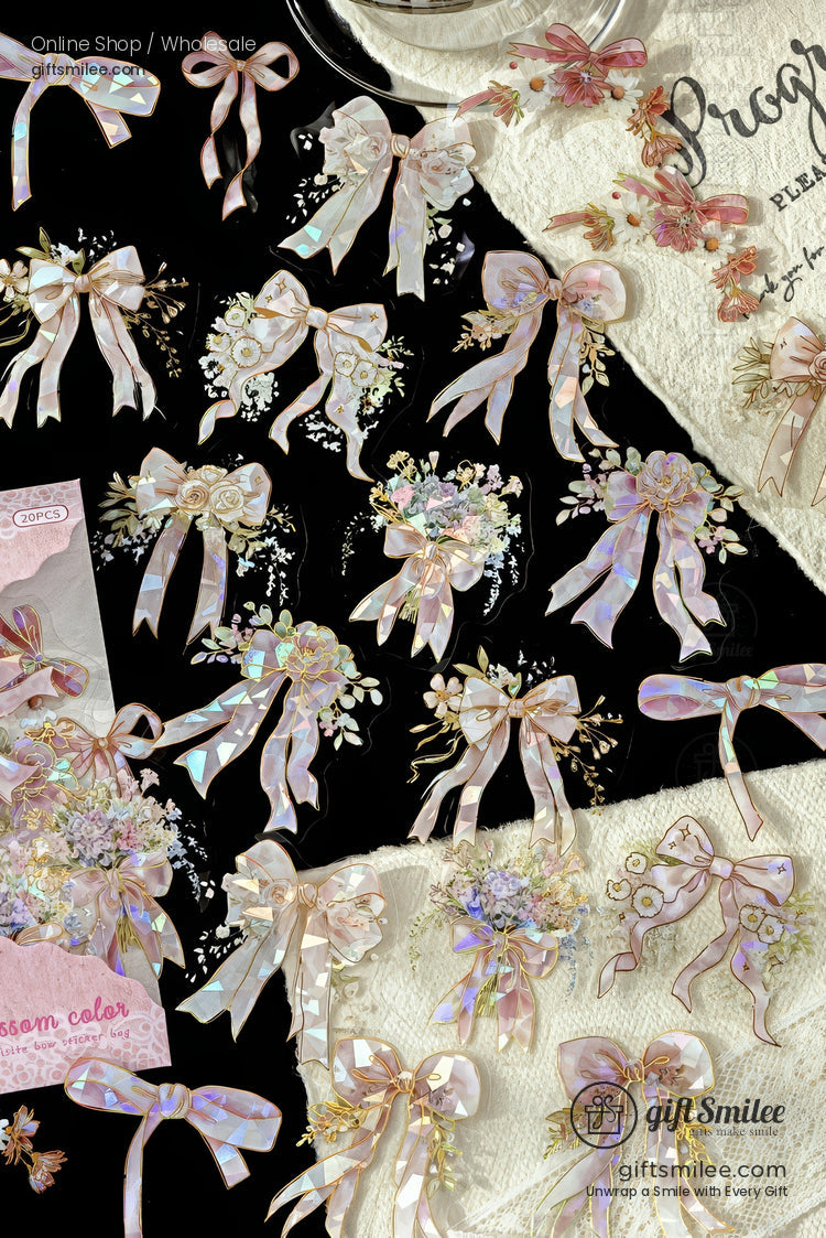 Pastel iridescent ribbon bows and floral hair clips on display flat lay, giftSmilee accessories for weddings and special occasions.