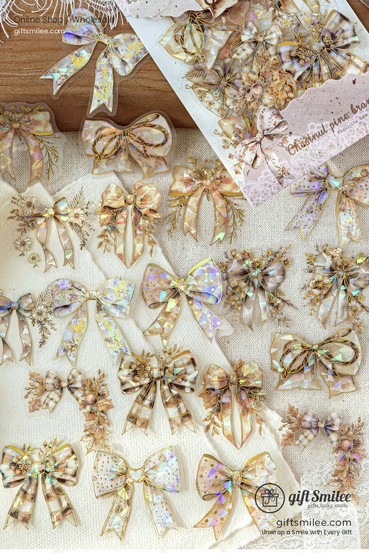 Holographic gold Christmas bow stickers set for gift wrapping and crafts