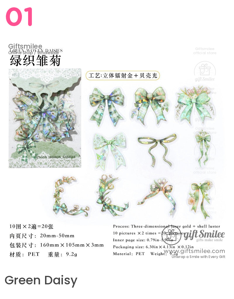 Green daisy-themed bow and ribbon sticker set with holographic shell luster, PET material, 20 pieces for crafts and journaling.