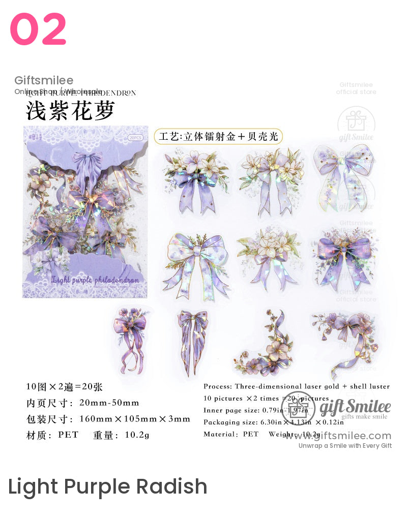 Light purple floral and ribbon sticker set with holographic accents – PET material, 20 pieces – Giftsmilee “Light Purple Radish” collection, ideal for scrapbooking and crafts.