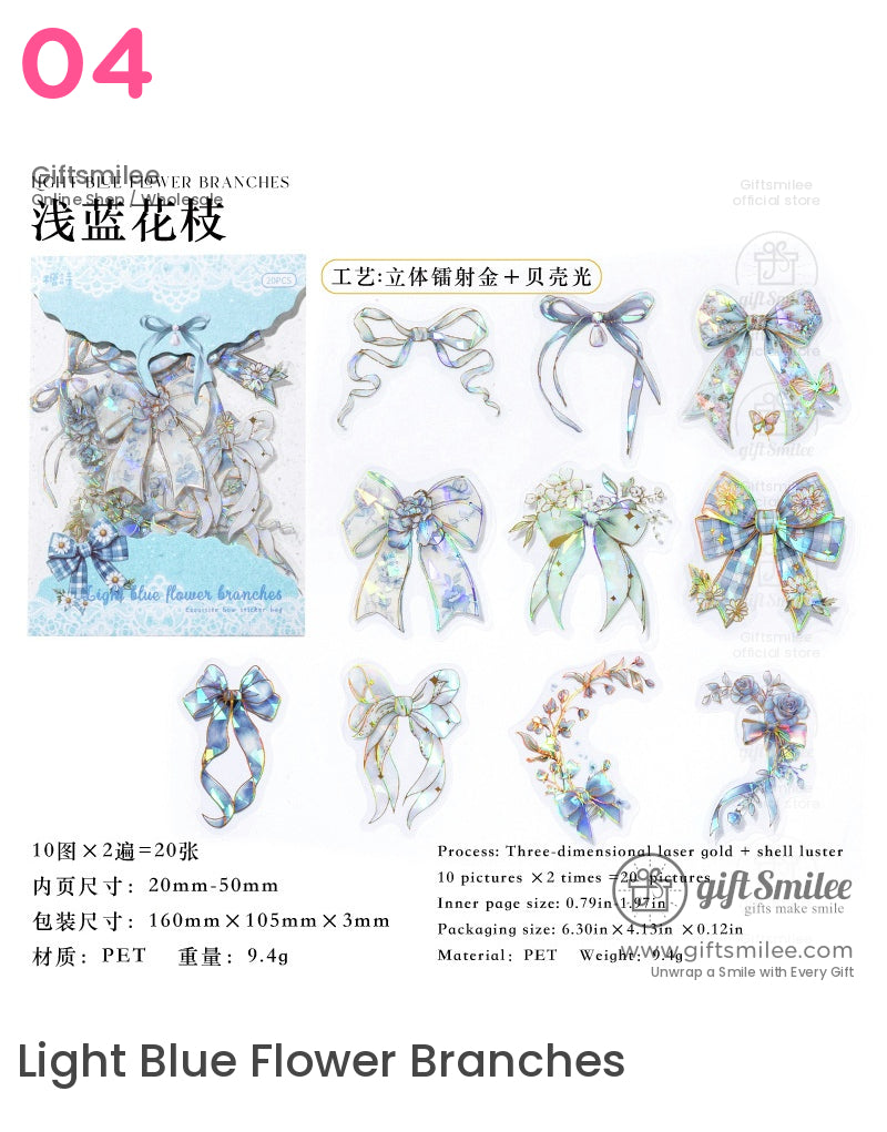 Light Blue Flower Branches bow sticker set with holographic accents, PET material, 10 designs for scrapbooking and crafts
