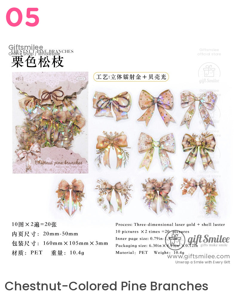 Chestnut-colored pine branches bow stickers set with holographic laser and shell luster, PET material, 20 pieces for scrapbooking and crafts.