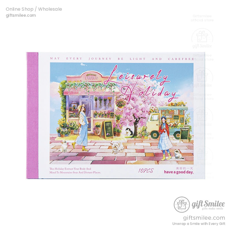 “Leisurely Holiday pastel stationery gift box with floral café illustration – Giftsmilee 10 pcs set”