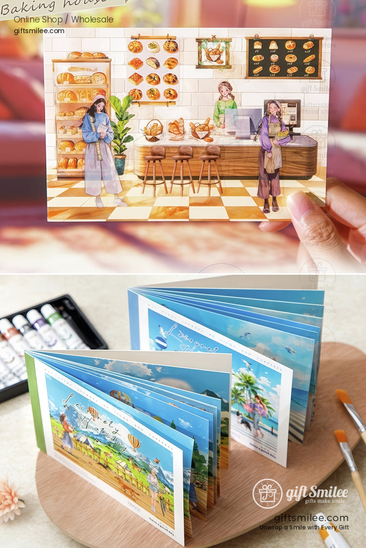 Illustrated bakery-themed pop-up postcard set displayed on a table, featuring cute cafe scenes and vibrant colors from GiftSmile.