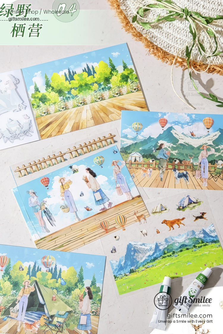 Camping-themed scenic postcard set with watercolor landscapes, hot air balloons, mountains, and outdoor illustrations displayed on a light background.