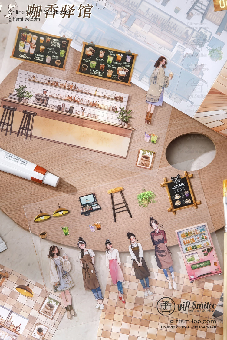 “Cafe-themed scrapbooking stickers set with bar counter, menu boards, baristas, and coffee shop accessories arranged on a wooden background.”