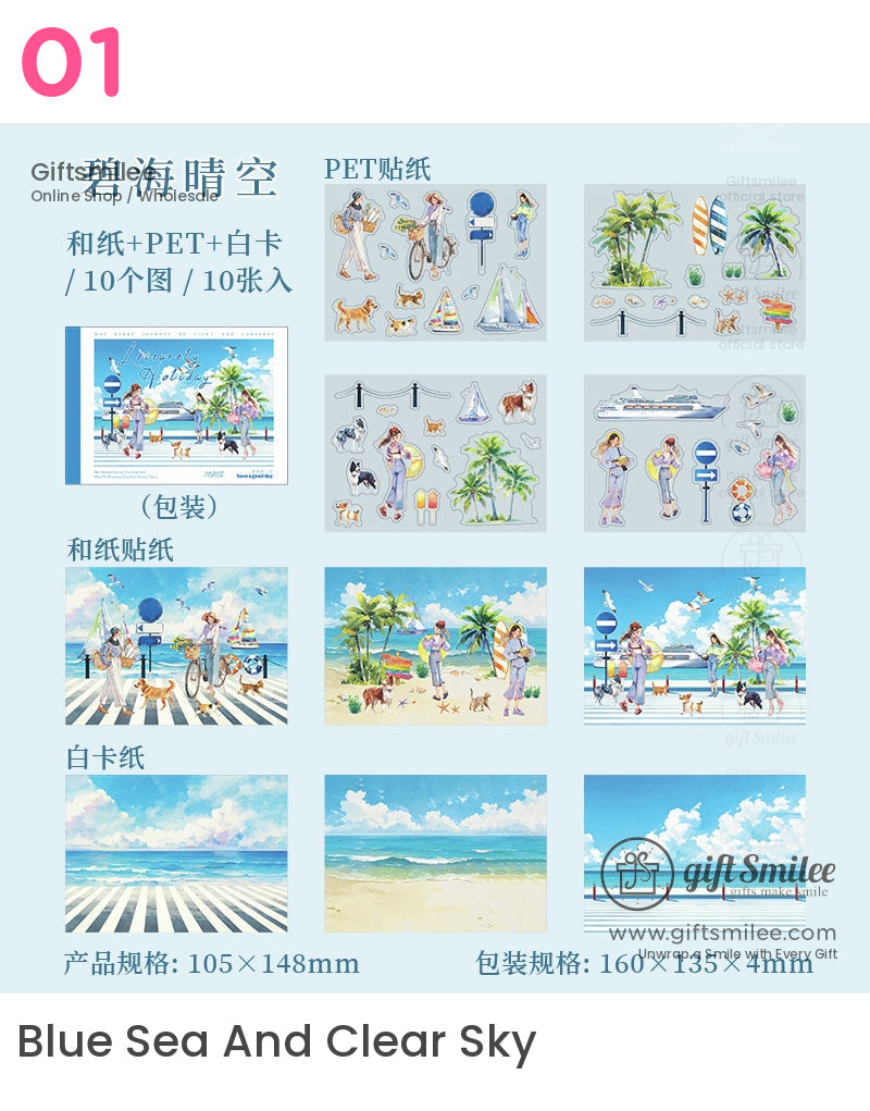 “Blue Sea and Clear Sky summer beach-themed sticker set preview with ocean scenes, palm trees, pets, and people – 105x148mm stationery by giftSmilee”