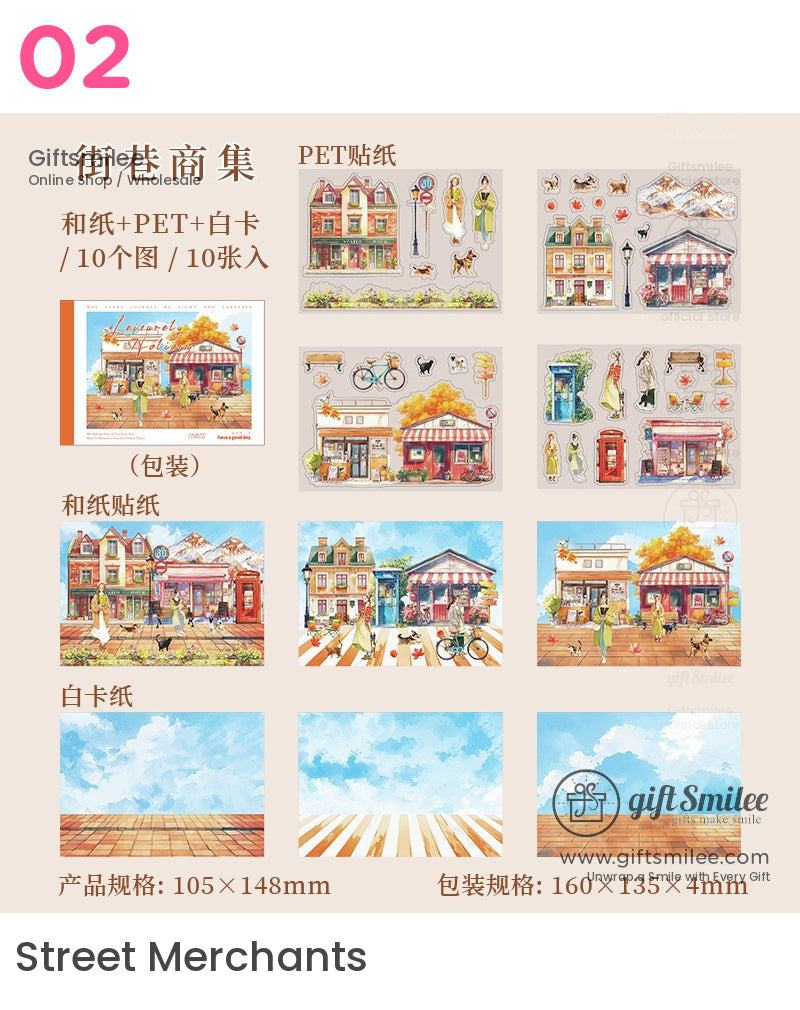 “Street Merchants stationery sticker set – PET and washi stickers with illustrated town storefronts and market scenes, 105x148mm”