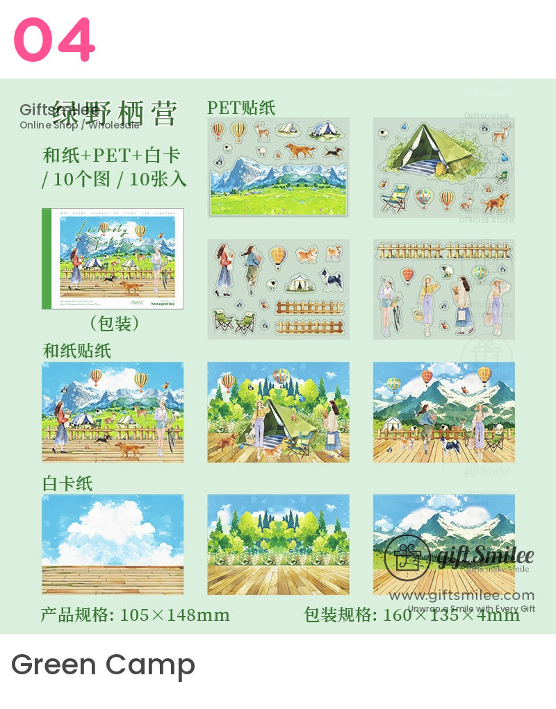 “Green Camp sticker set – camping and nature PET and paper stickers with tents, mountains, hot air balloons, and people – 105x148mm, pastel green theme”
