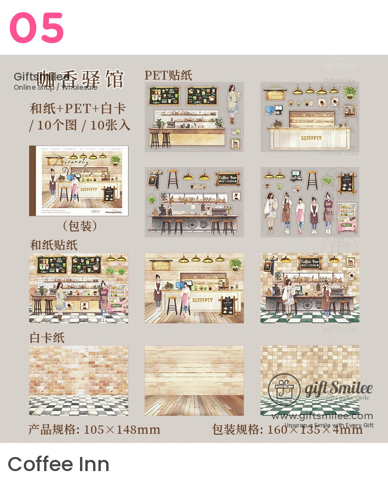 Coffee Inn sticker set – cafe counter and barista scene PET and paper stickers for scrapbooking, GiftSmilee stationery set 105x148mm