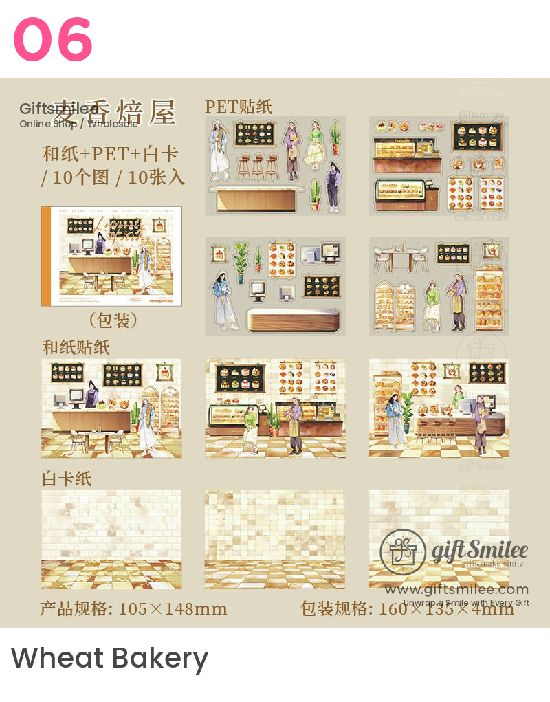 Wheat Bakery sticker set preview – PET and washi paper bakery scene decals, counter, pastries, bar stools, people, and tiled backgrounds by GiftSmilee, size 105x148mm.