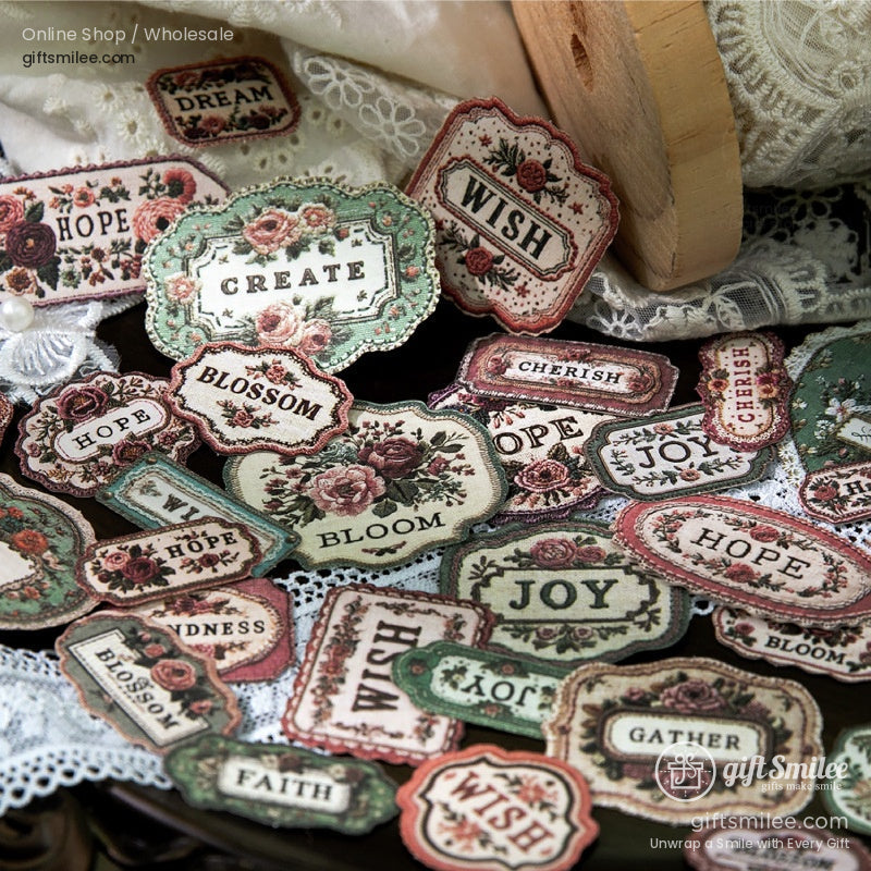 Vintage floral motivational label stickers for scrapbooking and journaling – words like Wish, Hope, Joy, Bloom, Create, Blossom.