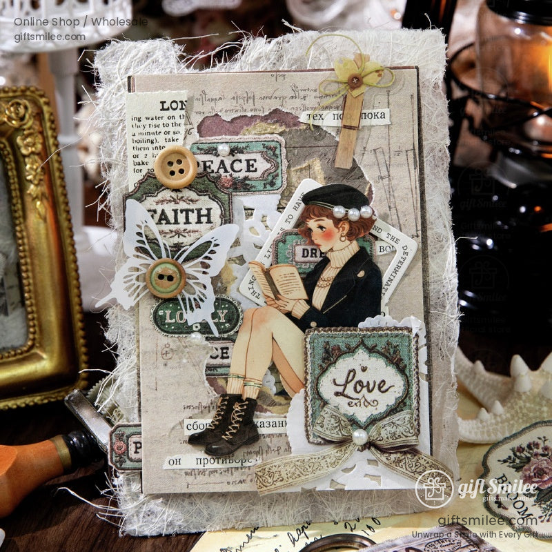 Vintage shabby chic scrapbook card with layered ephemera, buttons, butterfly die-cut, and illustrated girl reading, handmade greeting from Giftsmilee.