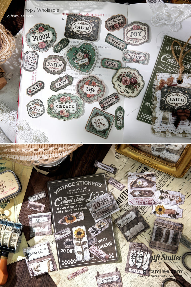 Vintage aesthetic sticker set for scrapbooking and journaling with faith, bloom, joy, and floral labels on craft desk