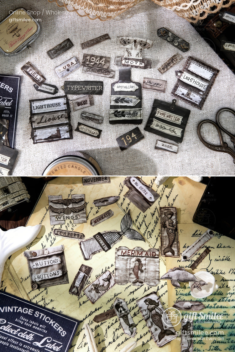 Vintage scrapbook sticker set with nautical and travel labels, sepia aesthetic journaling supplies on desk