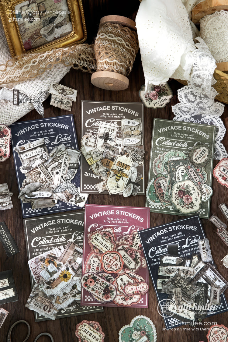 Vintage stickers set for scrapbooking and journaling, assorted retro labels and ephemera flat lay with lace and craft supplies.