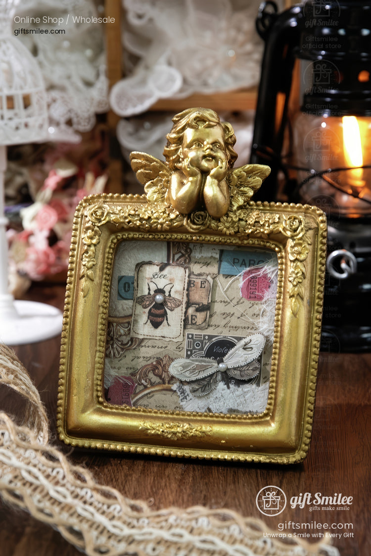 Vintage gold cherub picture frame with collage art, shabby chic home decor from GiftSmilee