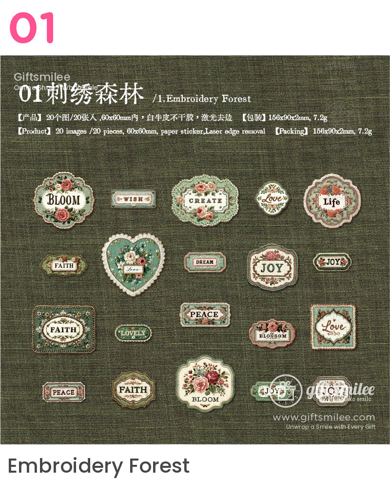 “Embroidery Forest vintage floral sticker set with words like Bloom, Joy, Peace, Faith on green fabric background – Giftsmilee paper stickers for scrapbooking”