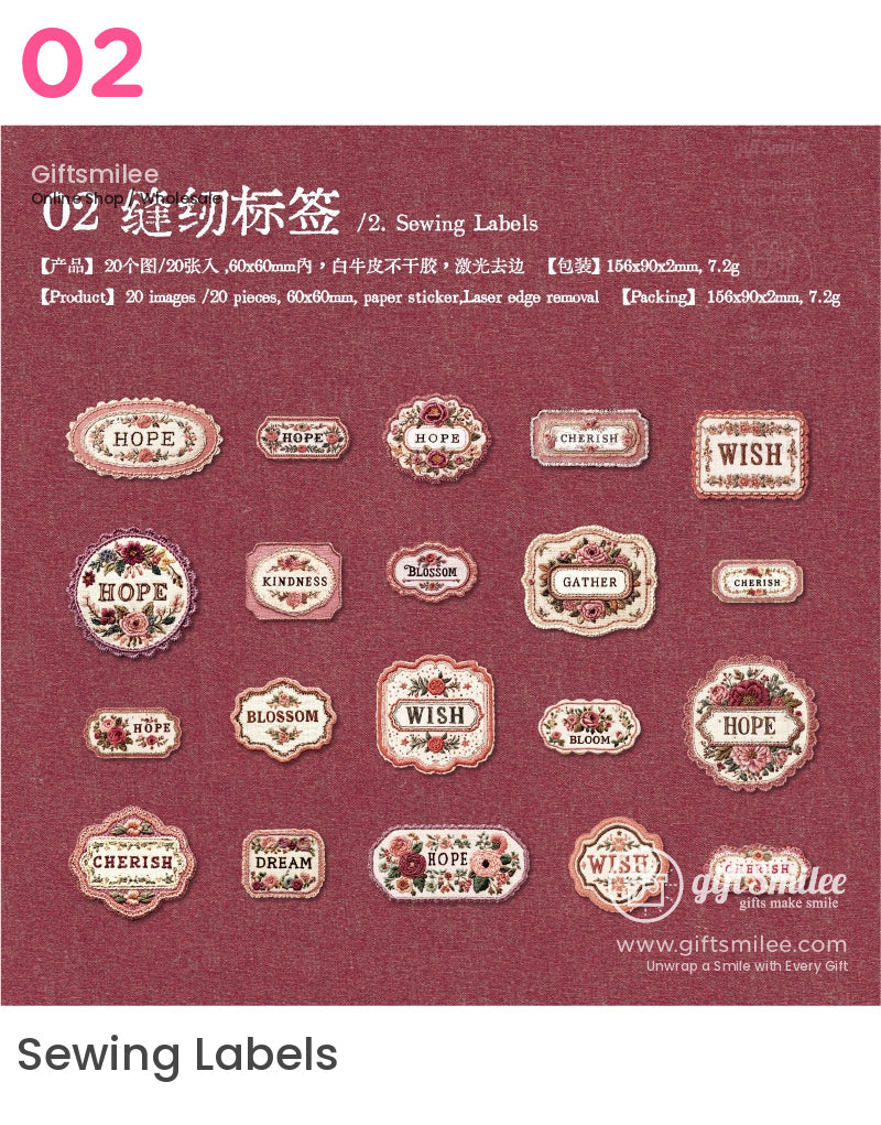 Vintage floral sewing label stickers set on maroon fabric background – “HOPE, WISH, CHERISH, BLOSSOM” designs by Giftsmilee.