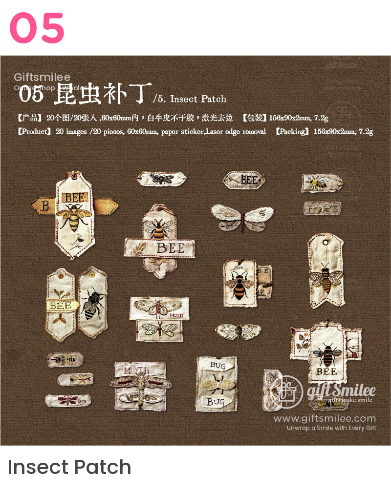 Vintage-style “Insect Patch” paper stickers set featuring bees, moths, and bugs on stitched label designs, 20 pieces, brown background.