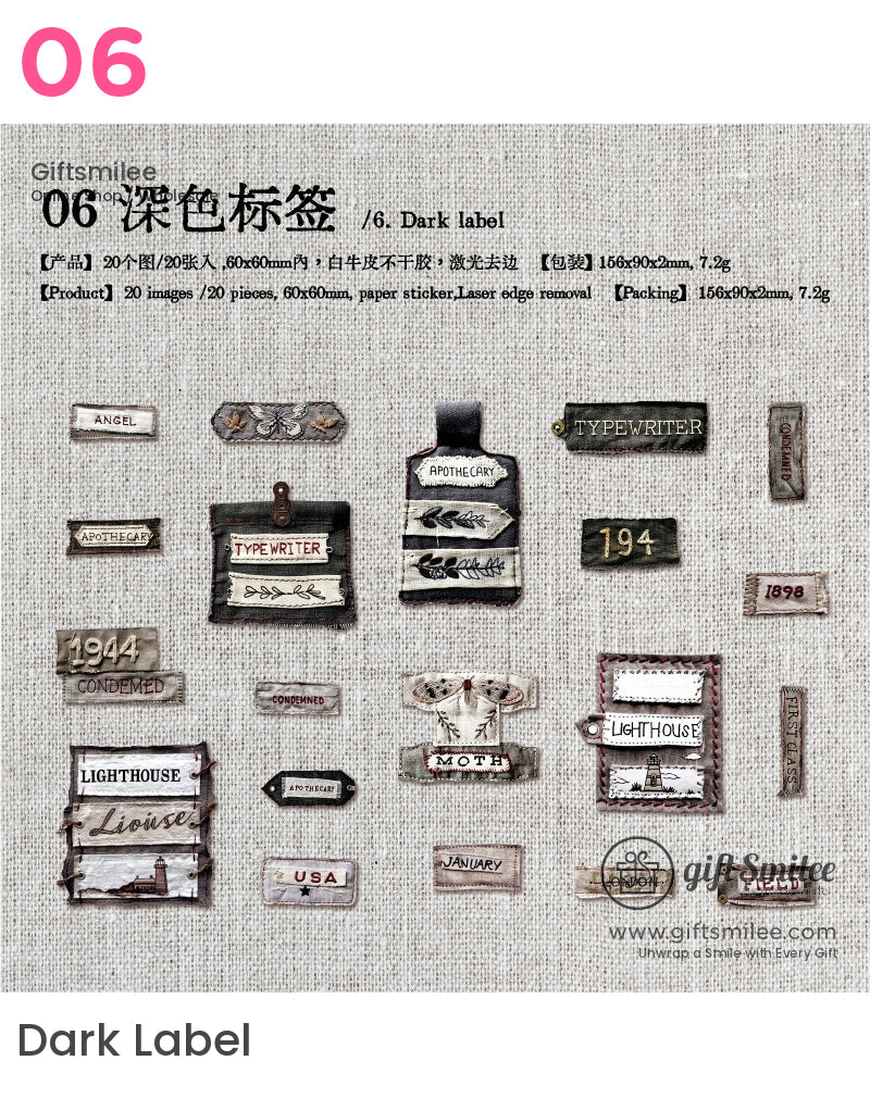 Vintage “Dark Label” sticker set – 20 paper labels with typewriter, apothecary, lighthouse, and moth designs by Giftsmilee, 60x60mm scrapbooking decals.