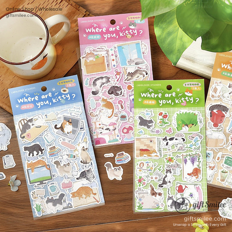 Assorted Where Are You Kitty sticker sets with colorful cat illustrations playful scenes and decorative themes