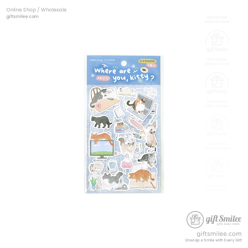 Cute catthemed stickers with playful designs featuring various feline poses books laptops and plants on a blue grid background