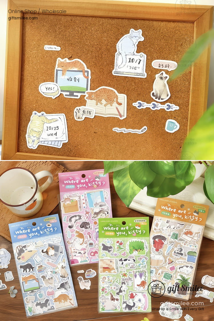 Assorted catthemed sticker sets with playful designs pastel packaging and corkboard display showcasing individual stickers