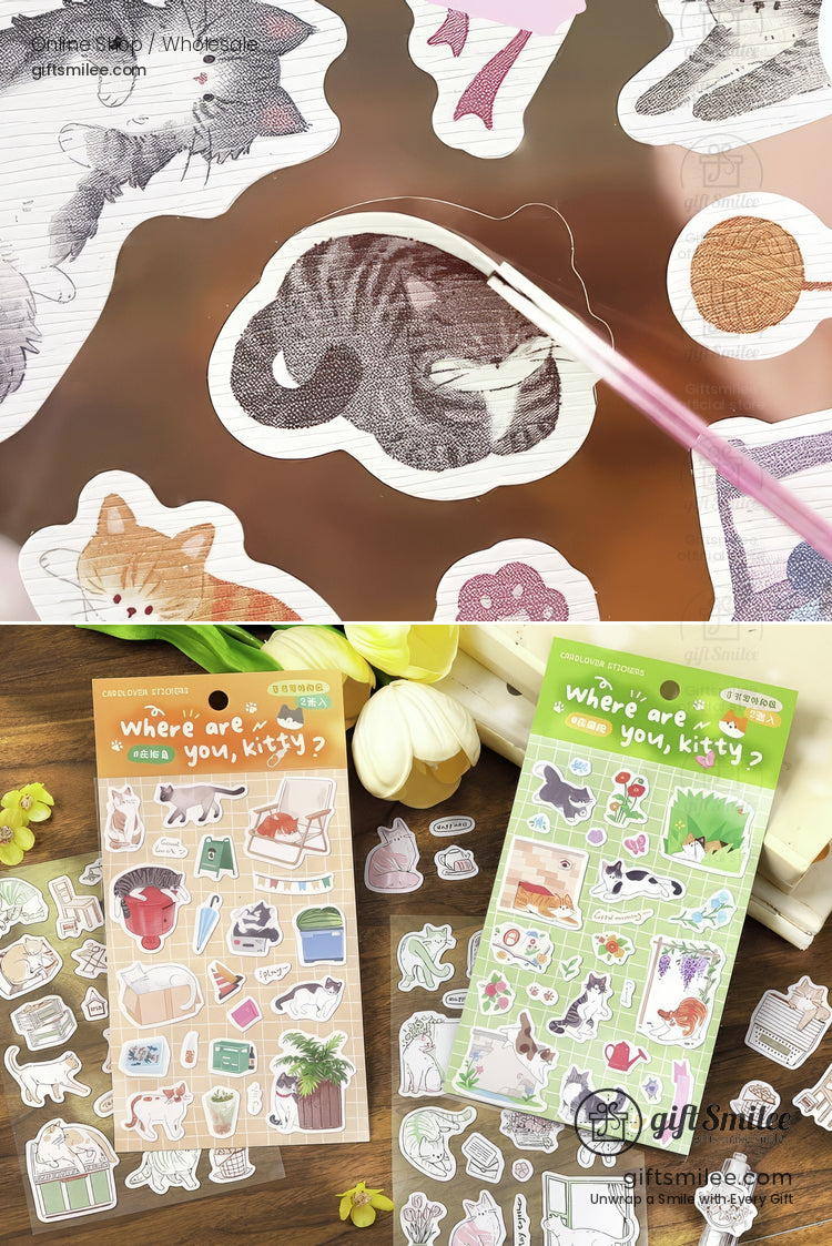Assorted catthemed stickers with playful designs pastel tones and intricate details perfect for crafts or journaling