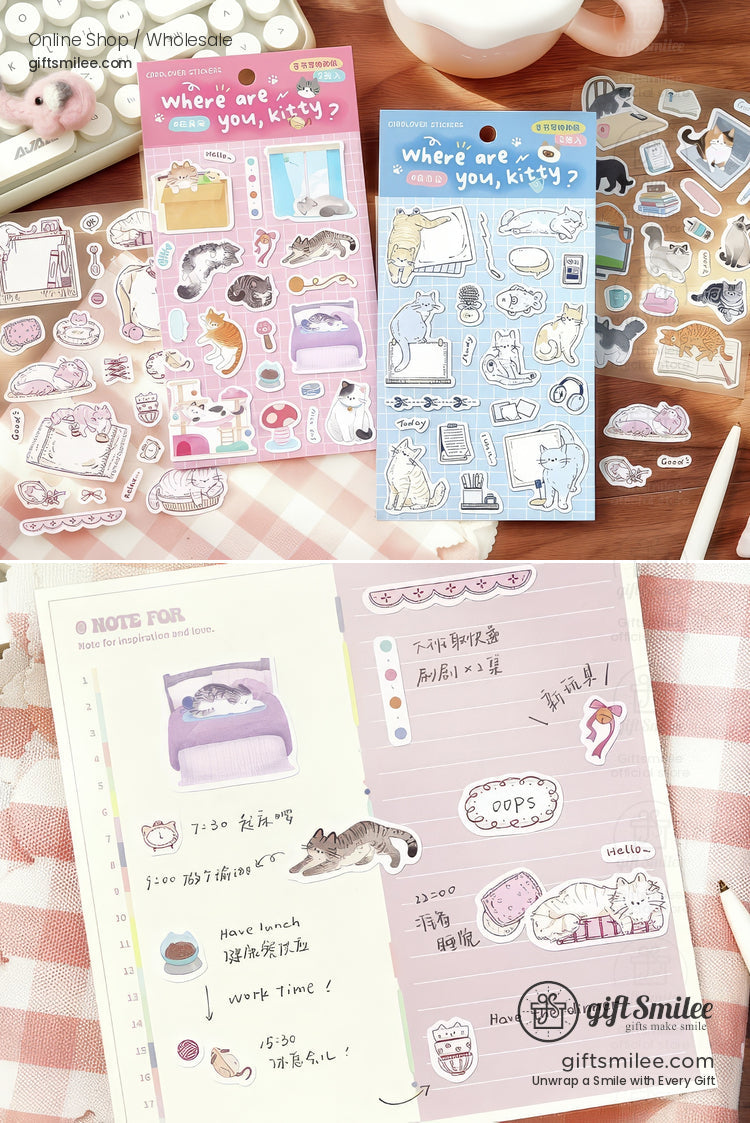 Pastel catthemed sticker sheets with playful designs featuring sleeping cats food bowls and cozy home scenes