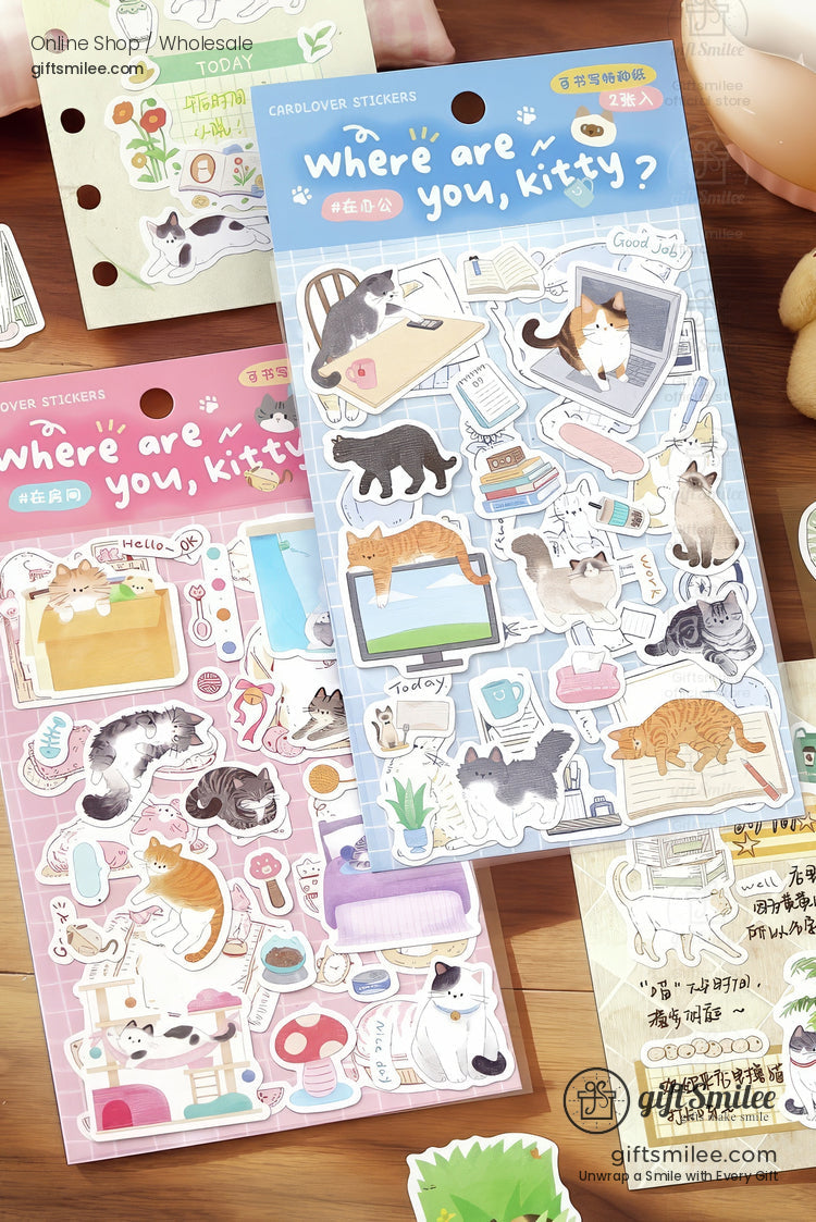 Catthemed sticker sheets with colorful illustrations of playful felines furniture and accessories in pastel tones