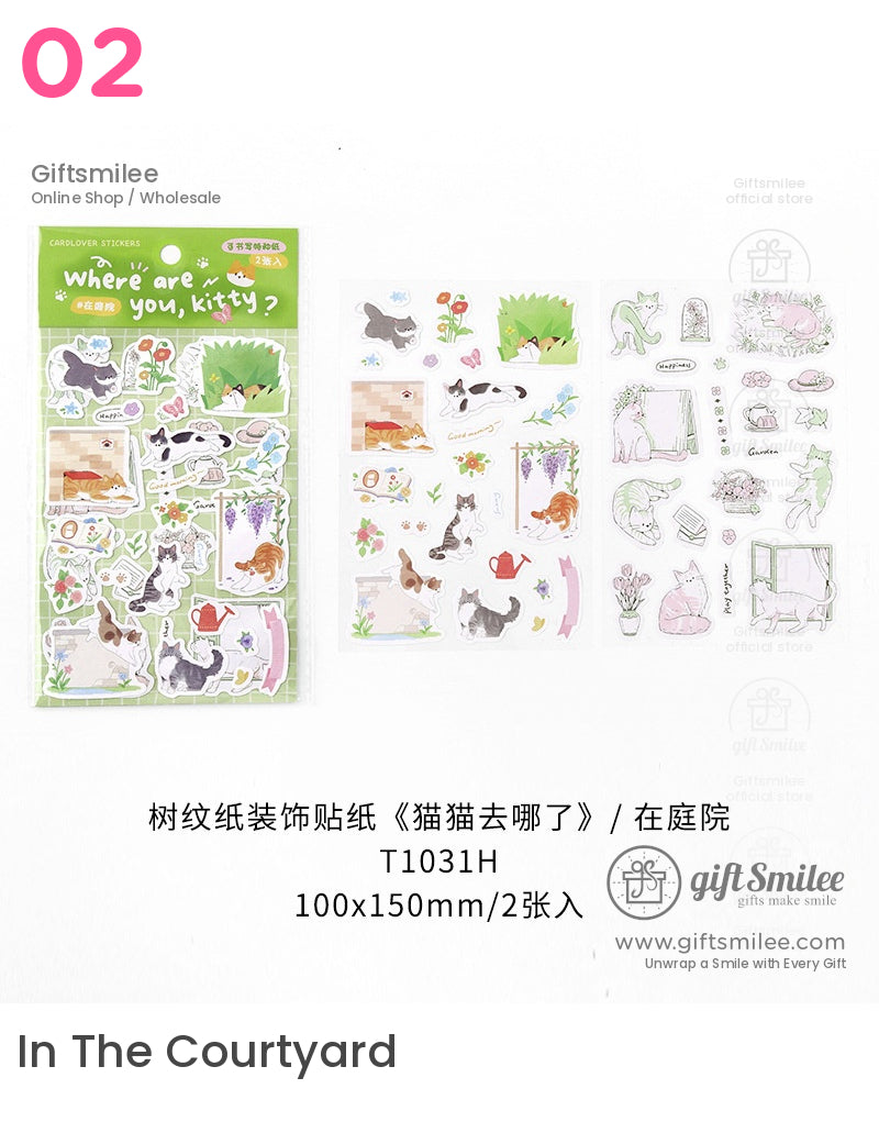 Whimsical gardenthemed cat stickers colorful designs with flowers plants and playful feline illustrations 100x150mm