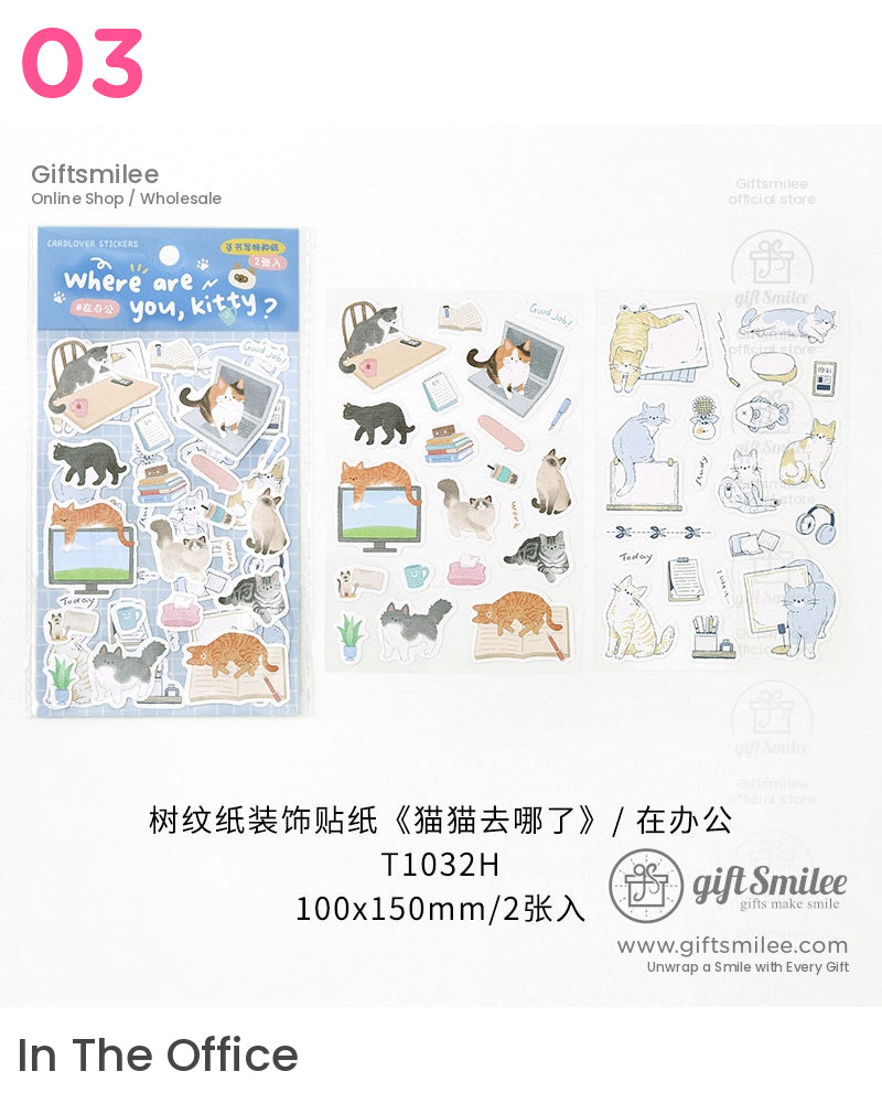 Cute officethemed stickers with playful cats books laptops and plants on two 100x150mm sheets