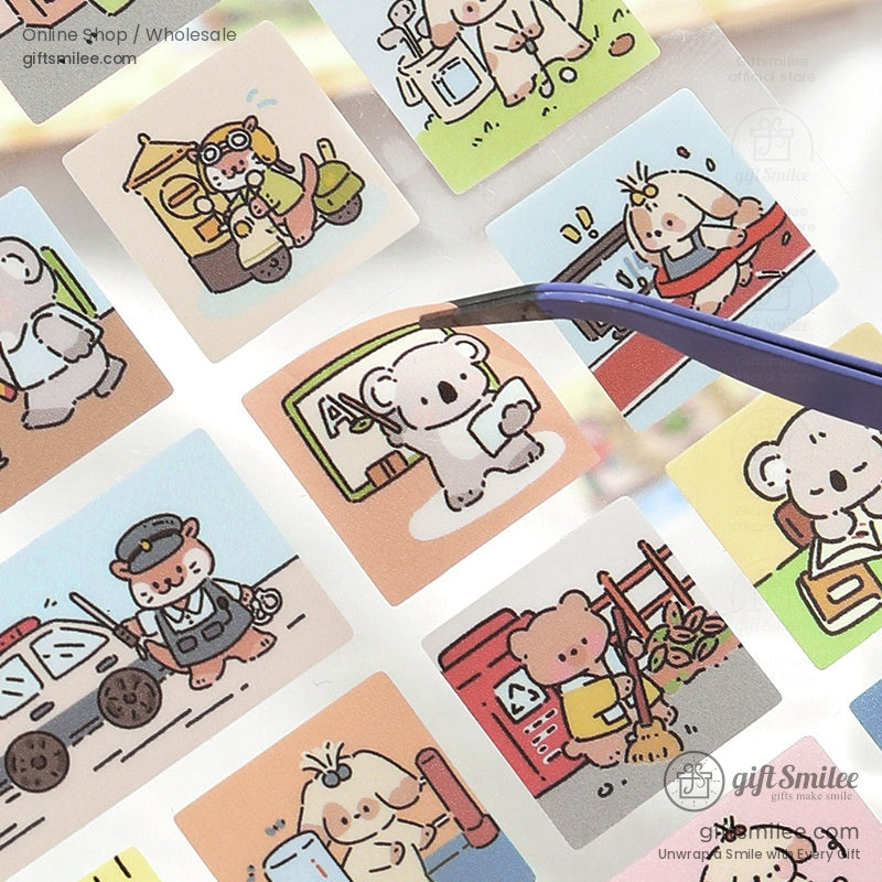 Cute animal sticker sheet with pastel cartoon designs featuring koalas and bears in everyday activities