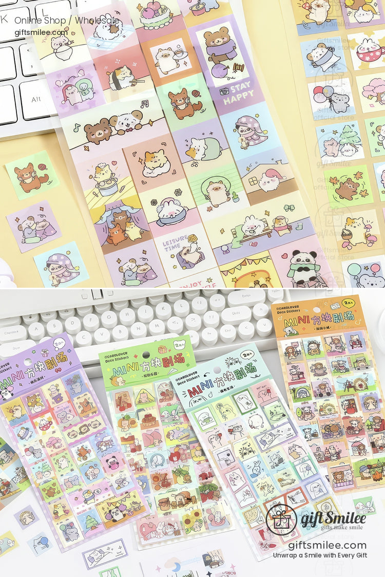 Colorful kawaii sticker sheets with cartoon animals pastel backgrounds and playful text perfect for scrapbooking