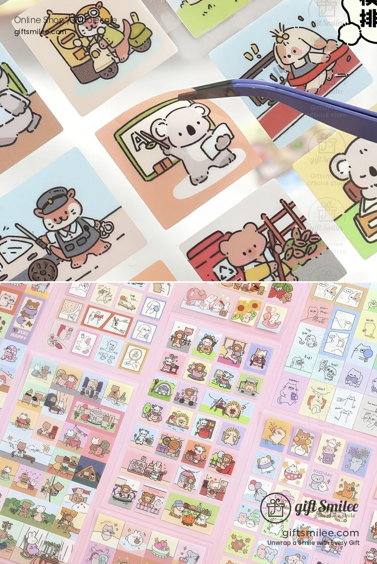 Cute cartoon animal stickers with pastel backgrounds showcasing diverse activities like gardening cooking and delivery