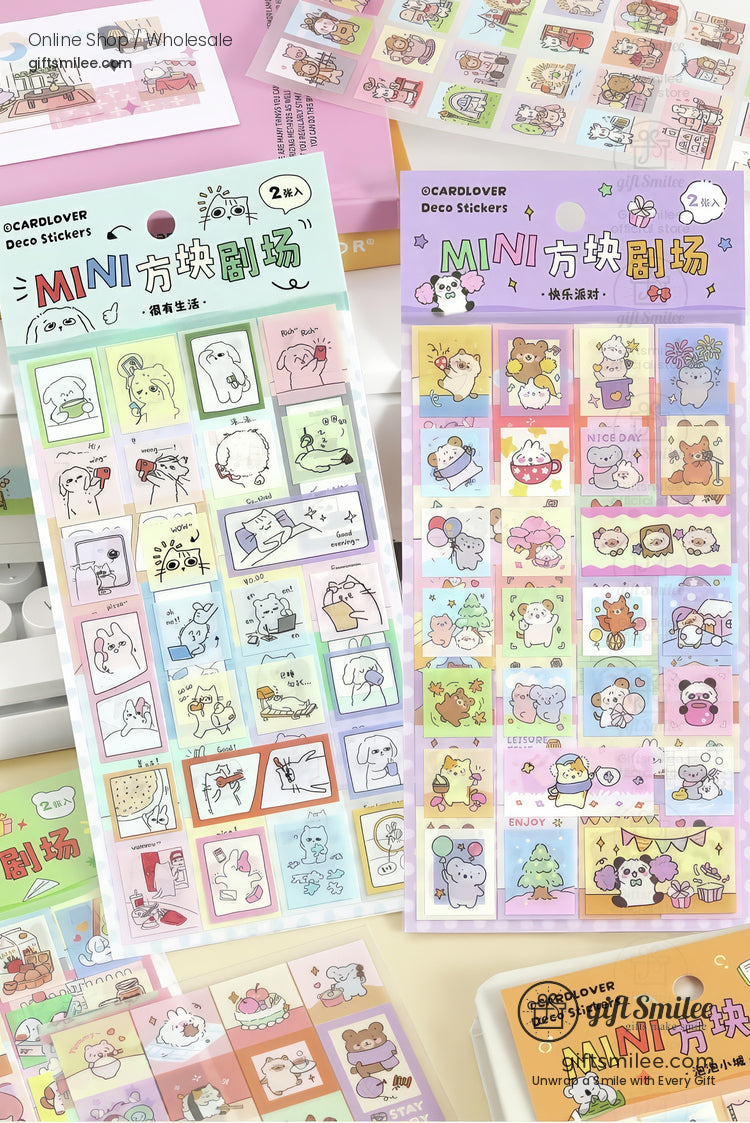 Pastelcolored mini square stickers with cartoon animals playful designs and decorative themes in pink and green packaging