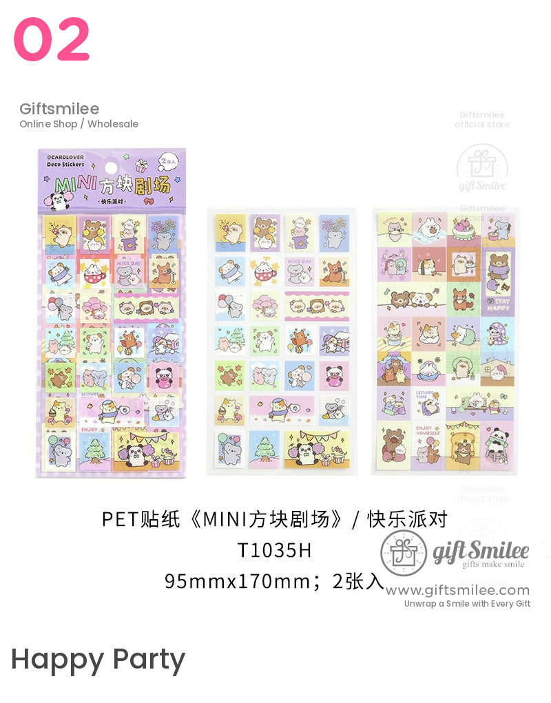 Pastel mini square stickers with cute animal illustrations featuring pandas hamsters and balloons 95mm x 170mm