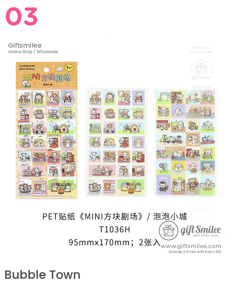 Colorful mini square stickers with cartoon animal designs on pastel backgrounds perfect for crafts or journaling