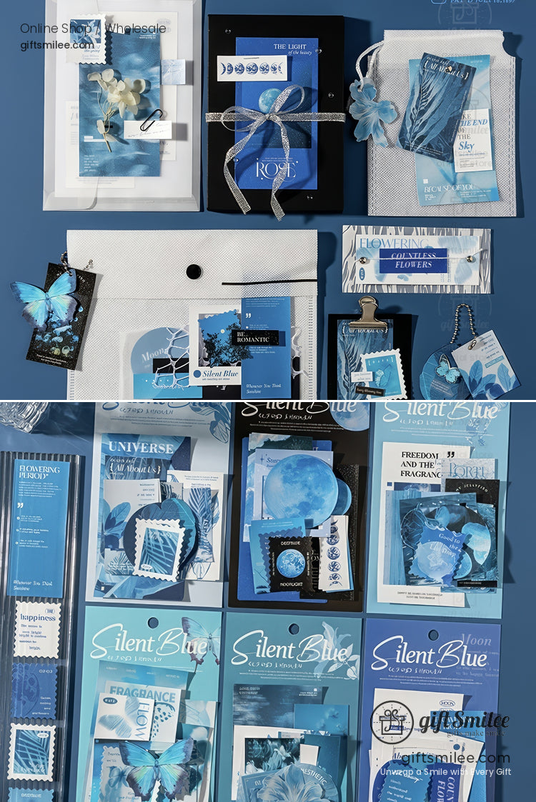 Assorted bluethemed stationery set with butterfly accents moon motifs floral patterns and elegant ribbon details