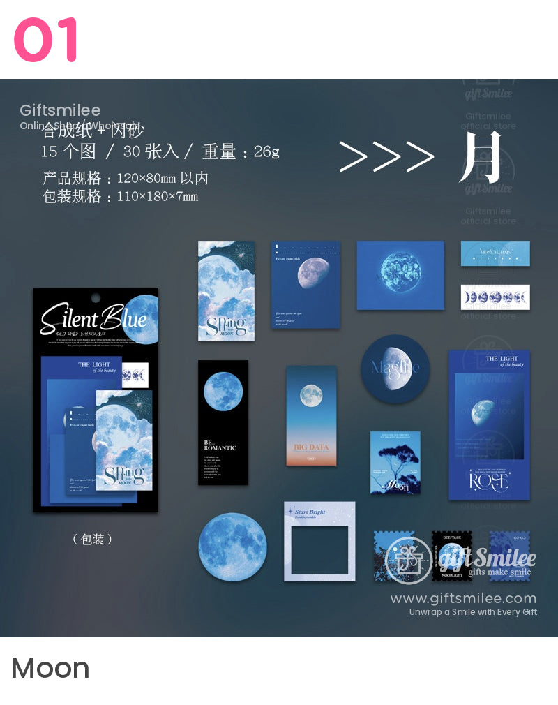 Bluethemed stationery set with moon designs glitter details varying sizes and celestialinspired typography