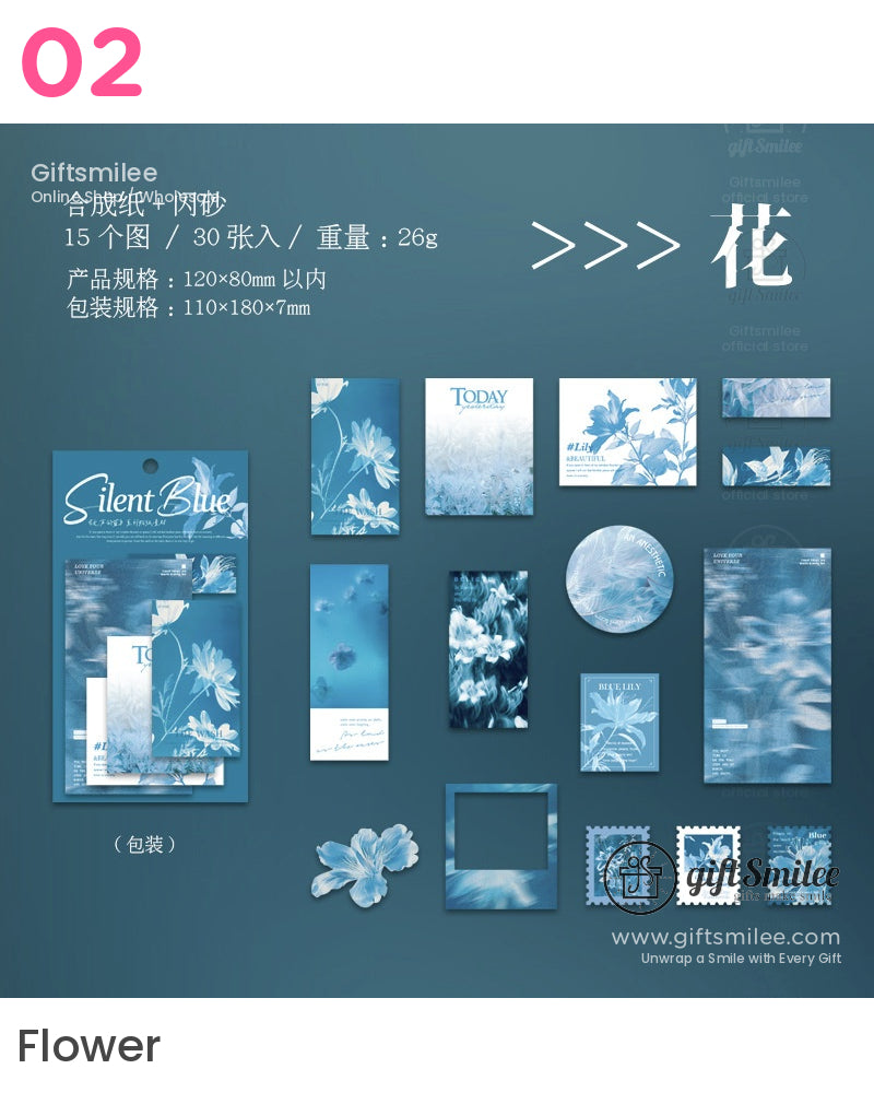 Assorted blue floralthemed stationery set with synthetic paper cards stickers and frames featuring elegant white lilies